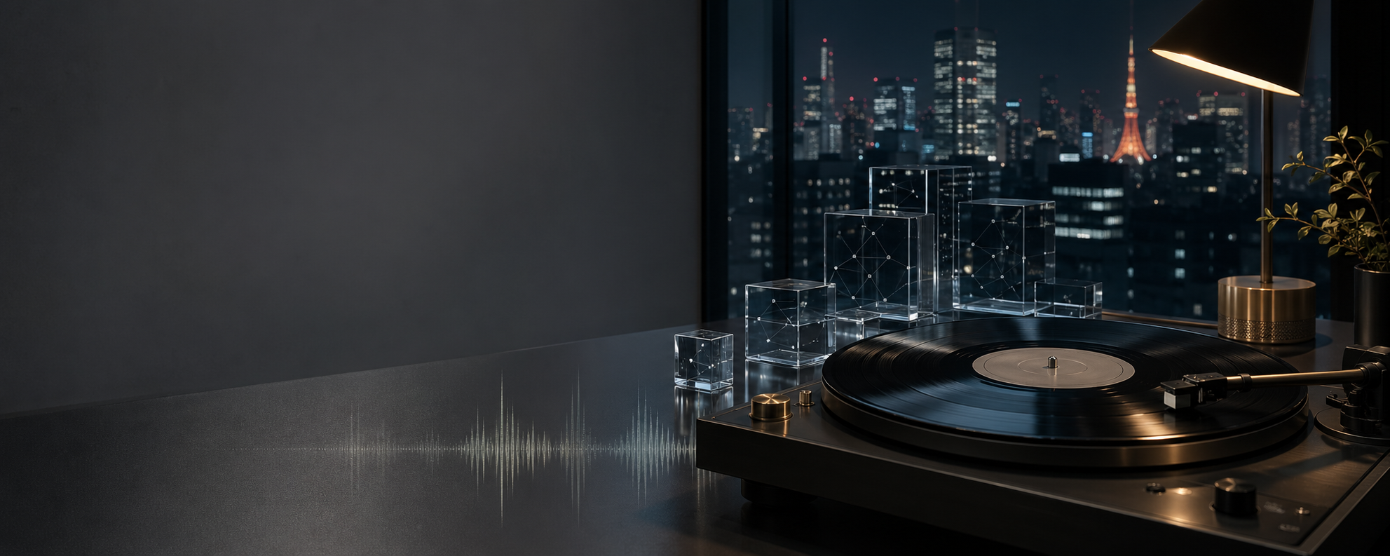 Vinyl record and glass blocks overlooking the Tokyo skyline